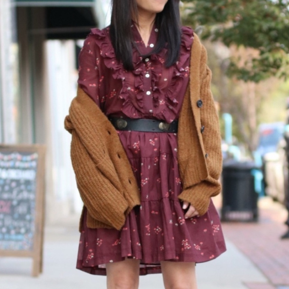 Nwt Warm Women's Red Round Neck Long Bell Sleeve Floral Mini Dress Size 0 - Picture 5 of 7